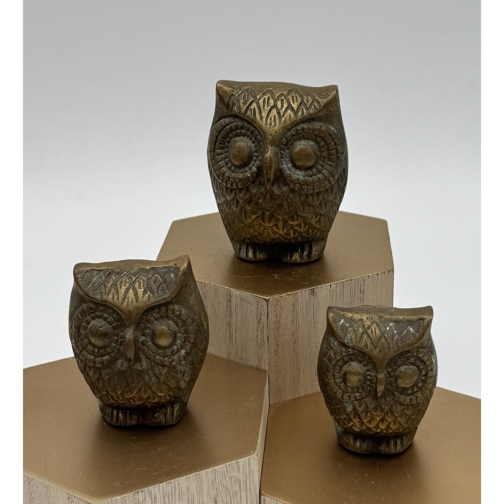 Vintage 70s MCM Solid Brass Owl Family Trio Set of 3 Figurines Paperweight Korea